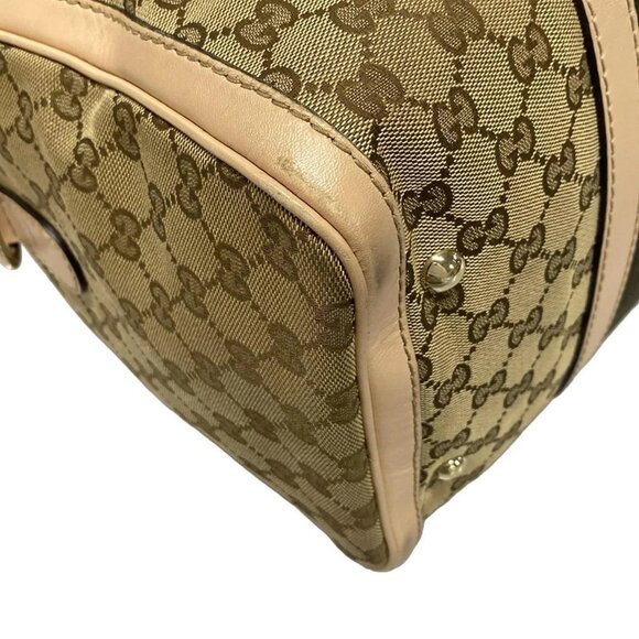 Auth GUCCI GG 247205 Dark Brown Beige Jacquard Leather Handbag - Picture 3 of 16